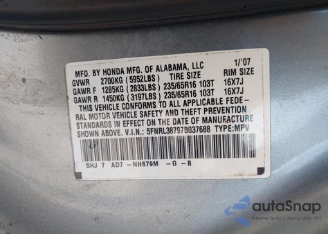 2007 Honda Odyssey Ex-L z USA, uszkodzony, nr VIN 5FNRL38797B037688